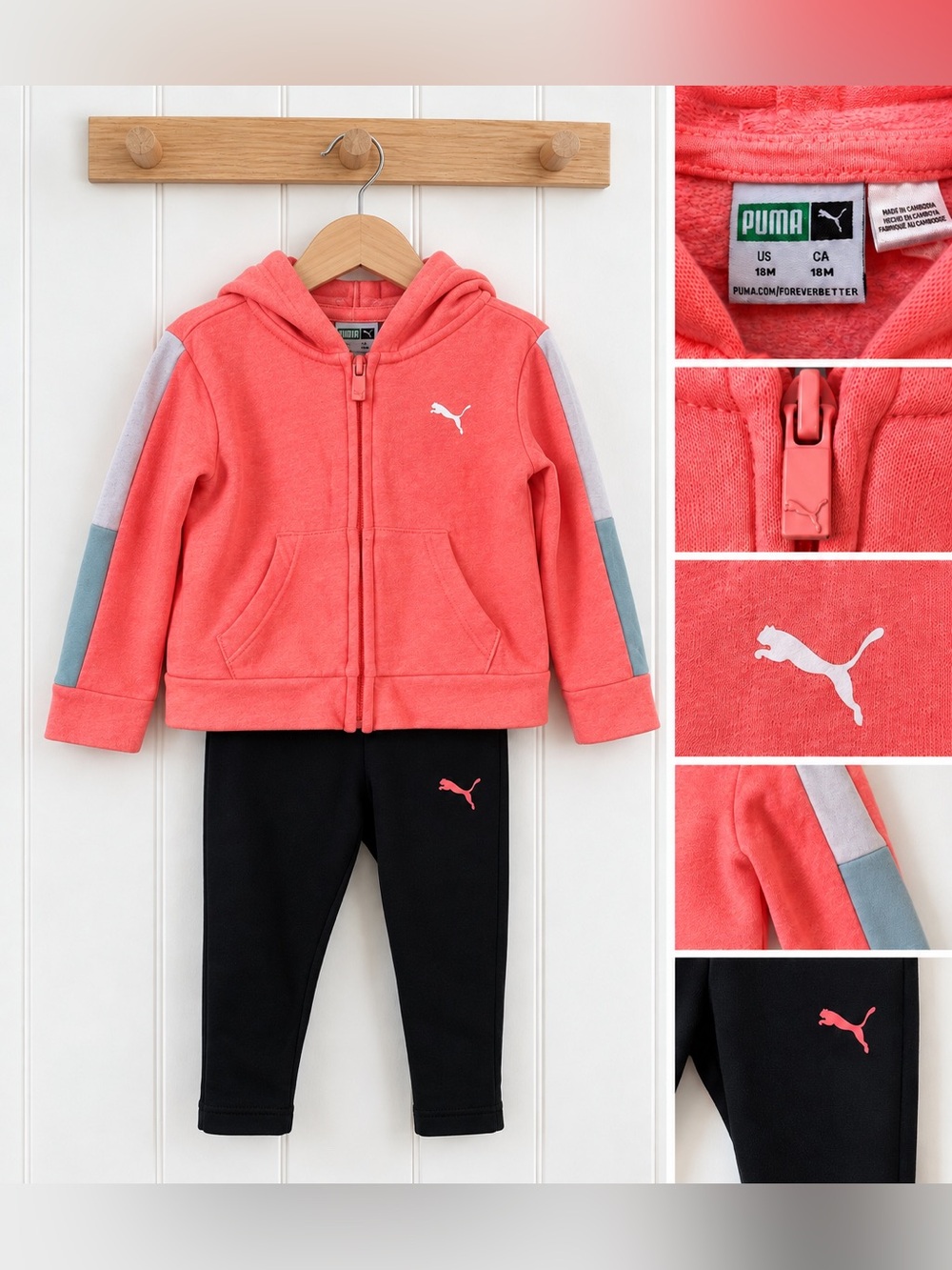 Puma Baby Girls 18M Coral Hoodie & Black Leggings 2-Piece Set
